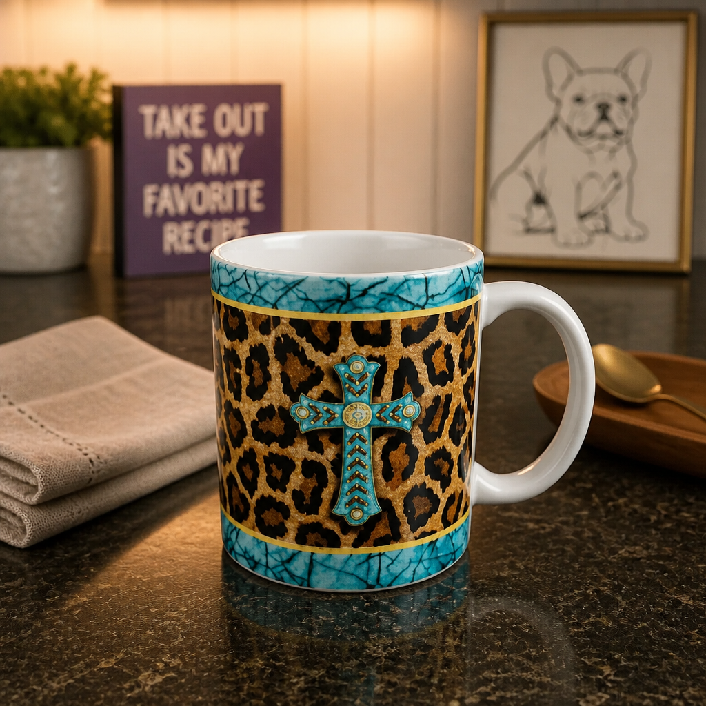 Turquoise Cross & Leopard Print Ceramic Coffee Mug – 11 oz