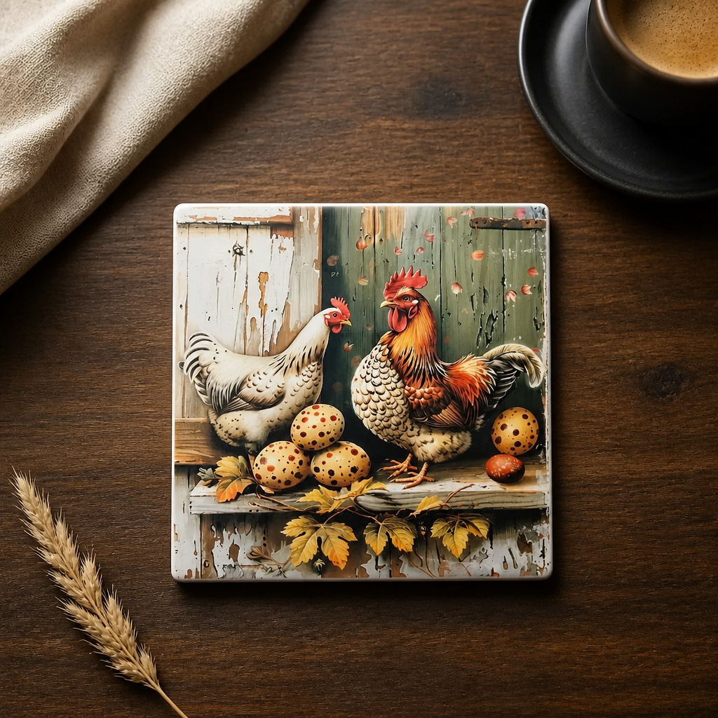 Rustic Farmhouse Chicken Ceramic Coaster Set