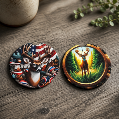 Patriotic Buck & Tropy Deer Car Coaster Set