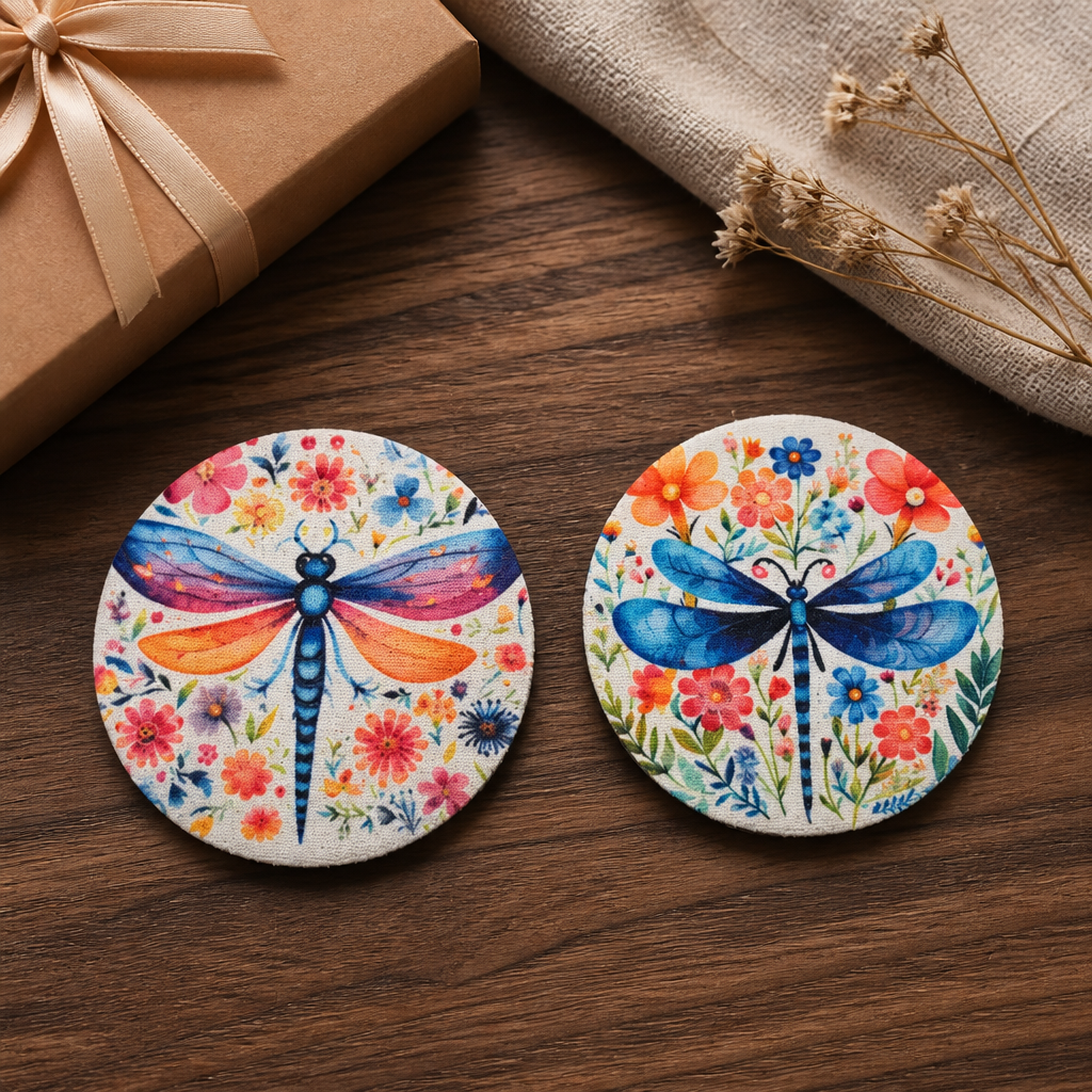 Floral Dragonfly Car Coaster Set