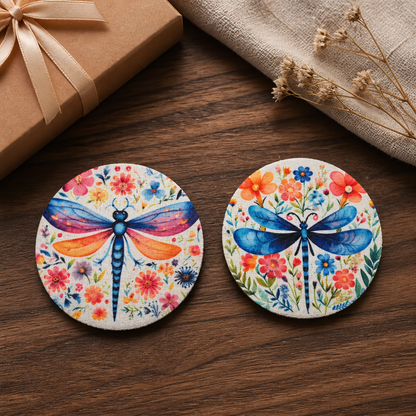 Floral Dragonfly Car Coaster Set