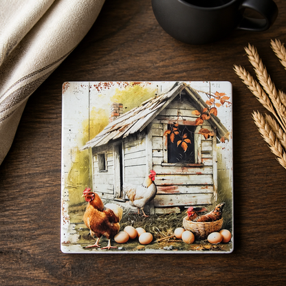 Rustic Farmhouse Chicken Ceramic Coaster Set