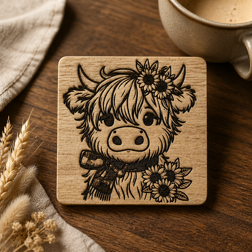 Highland Cow Acacia Wood Coaster Set