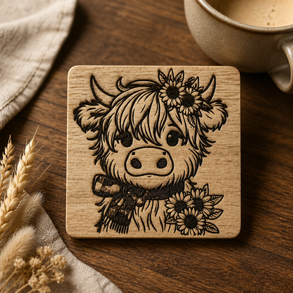 Highland Cow Acacia Wood Coaster Set