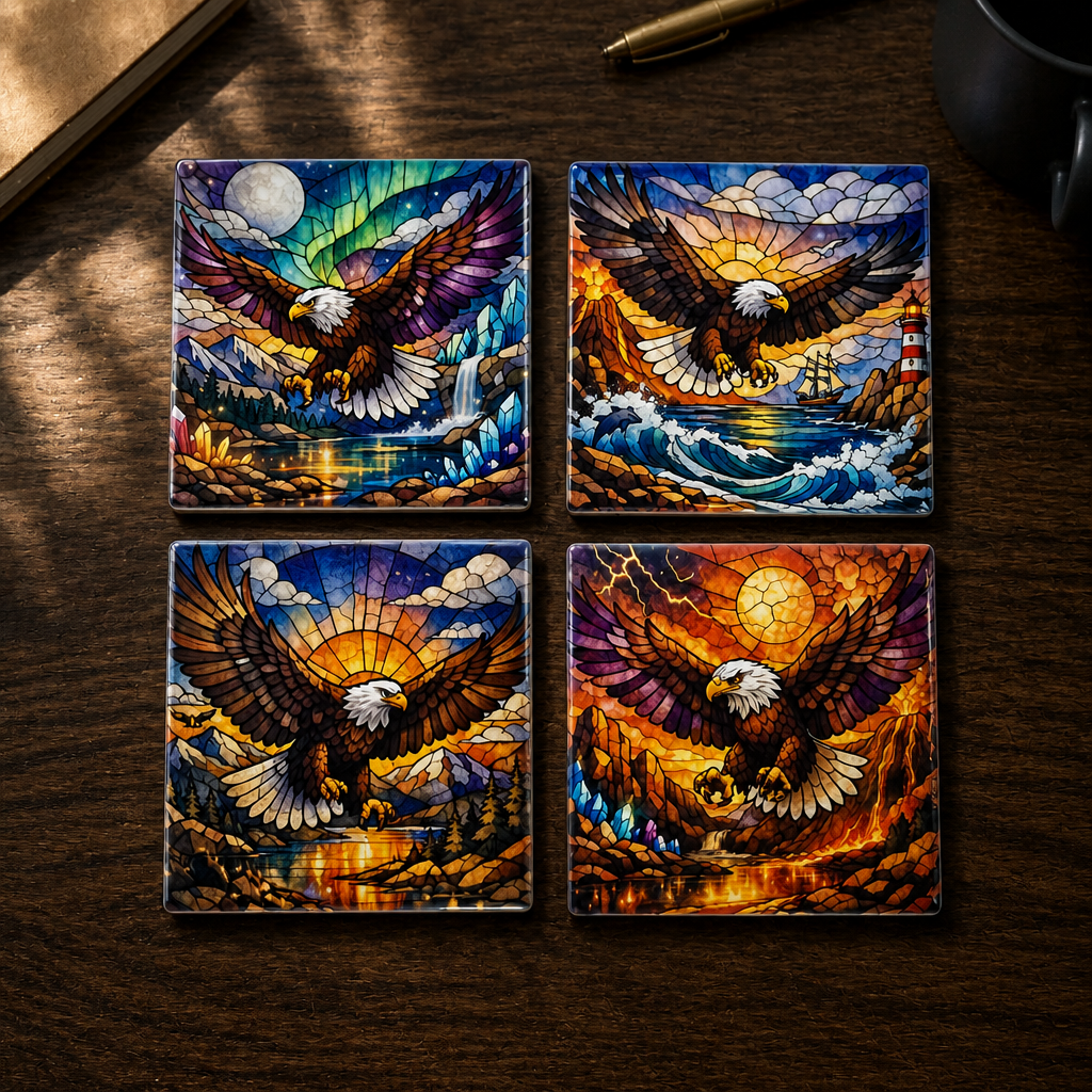 Majestic Eagle Stained Glass Ceramic Coaster Set