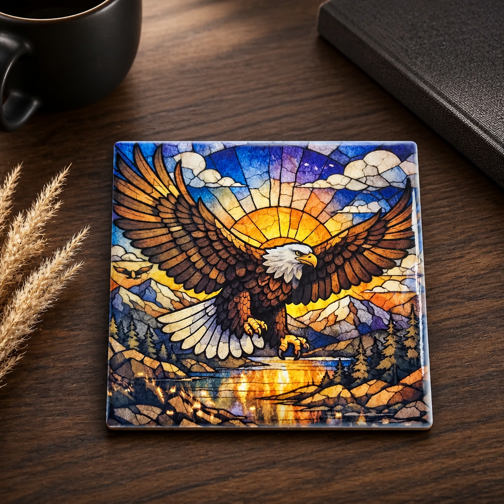 Majestic Eagle Stained Glass Ceramic Coaster Set