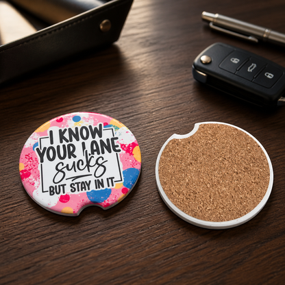 Stay in Your Lane Ceramic Car Coaster Set