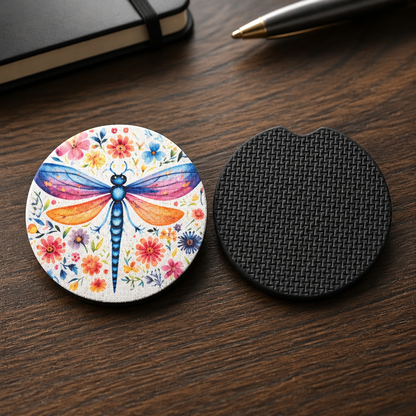 Floral Dragonfly Car Coaster Set