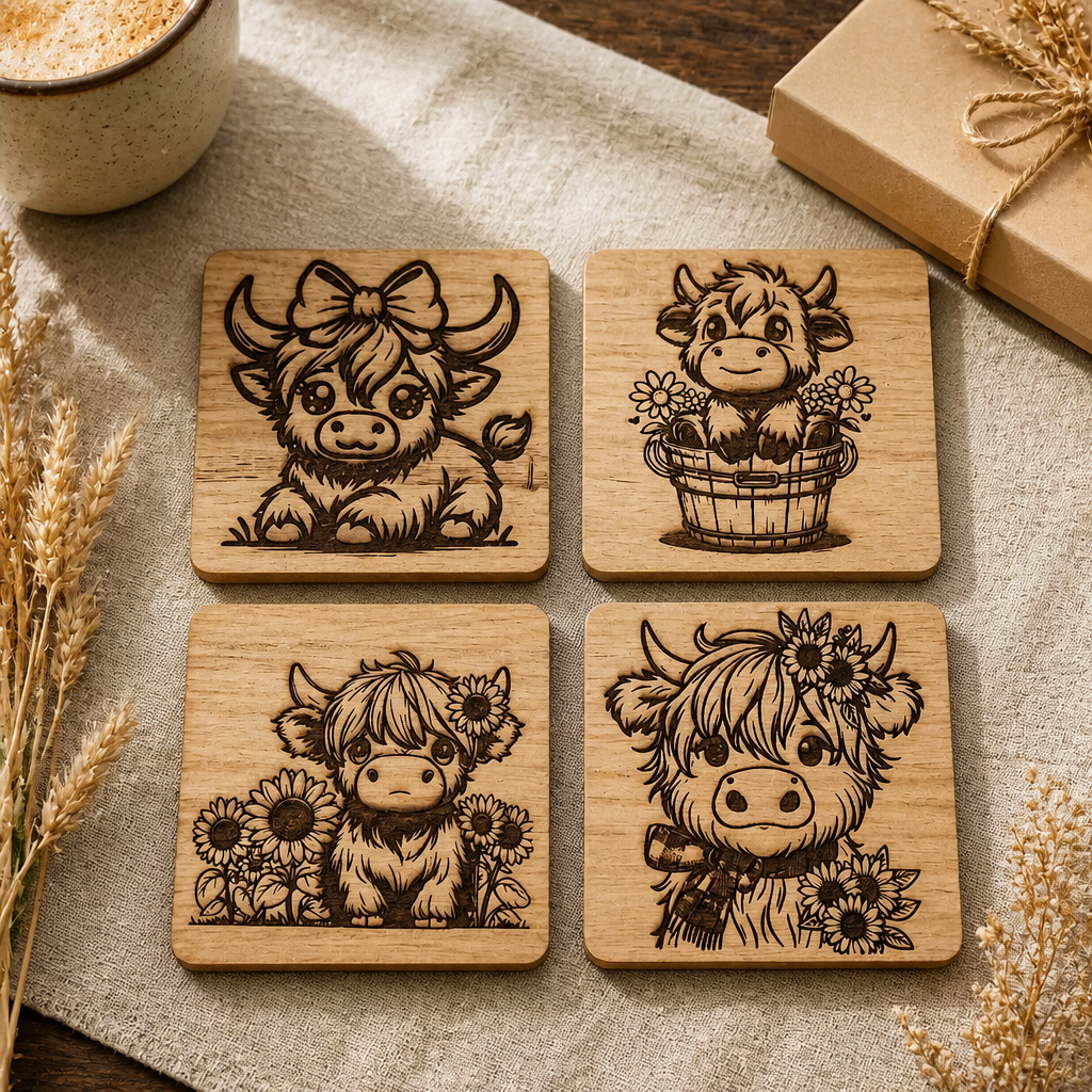 Highland Cow Acacia Wood Coaster Set