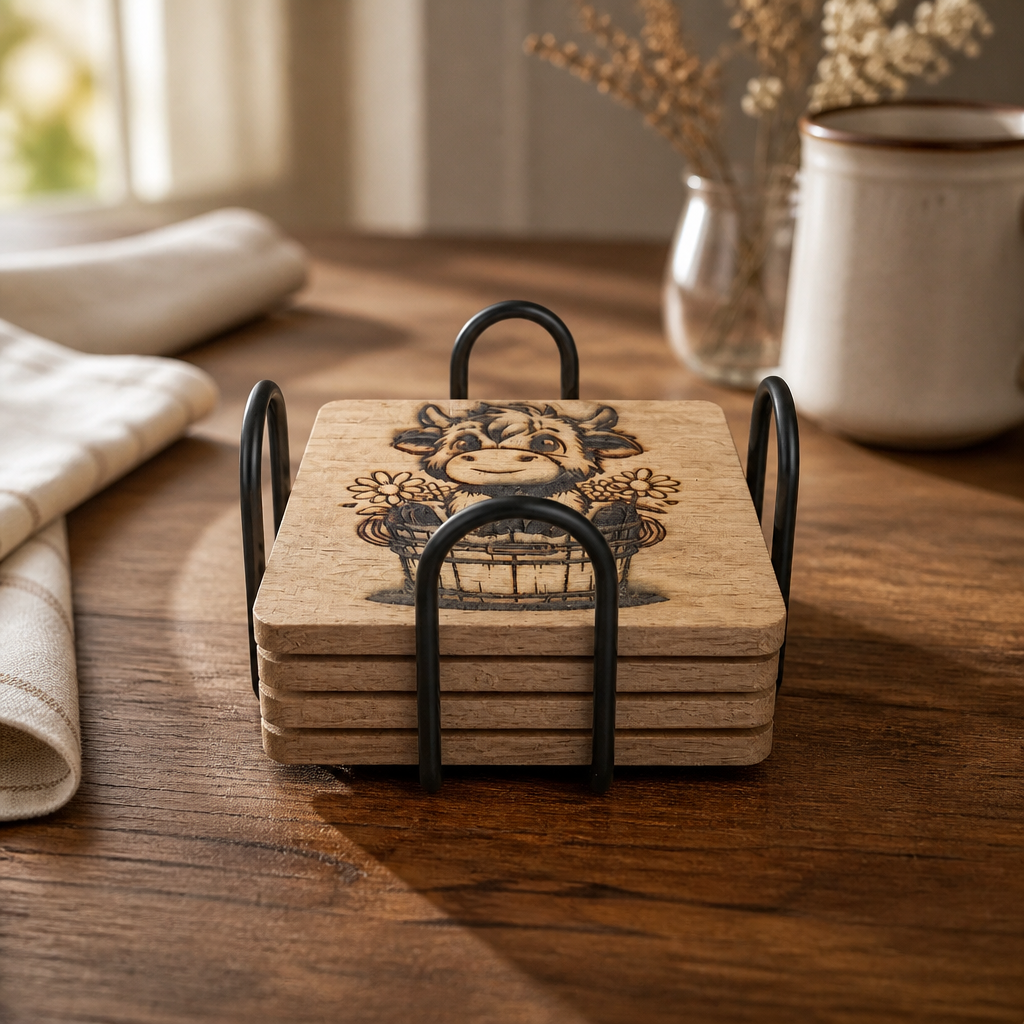Highland Cow Acacia Wood Coaster Set