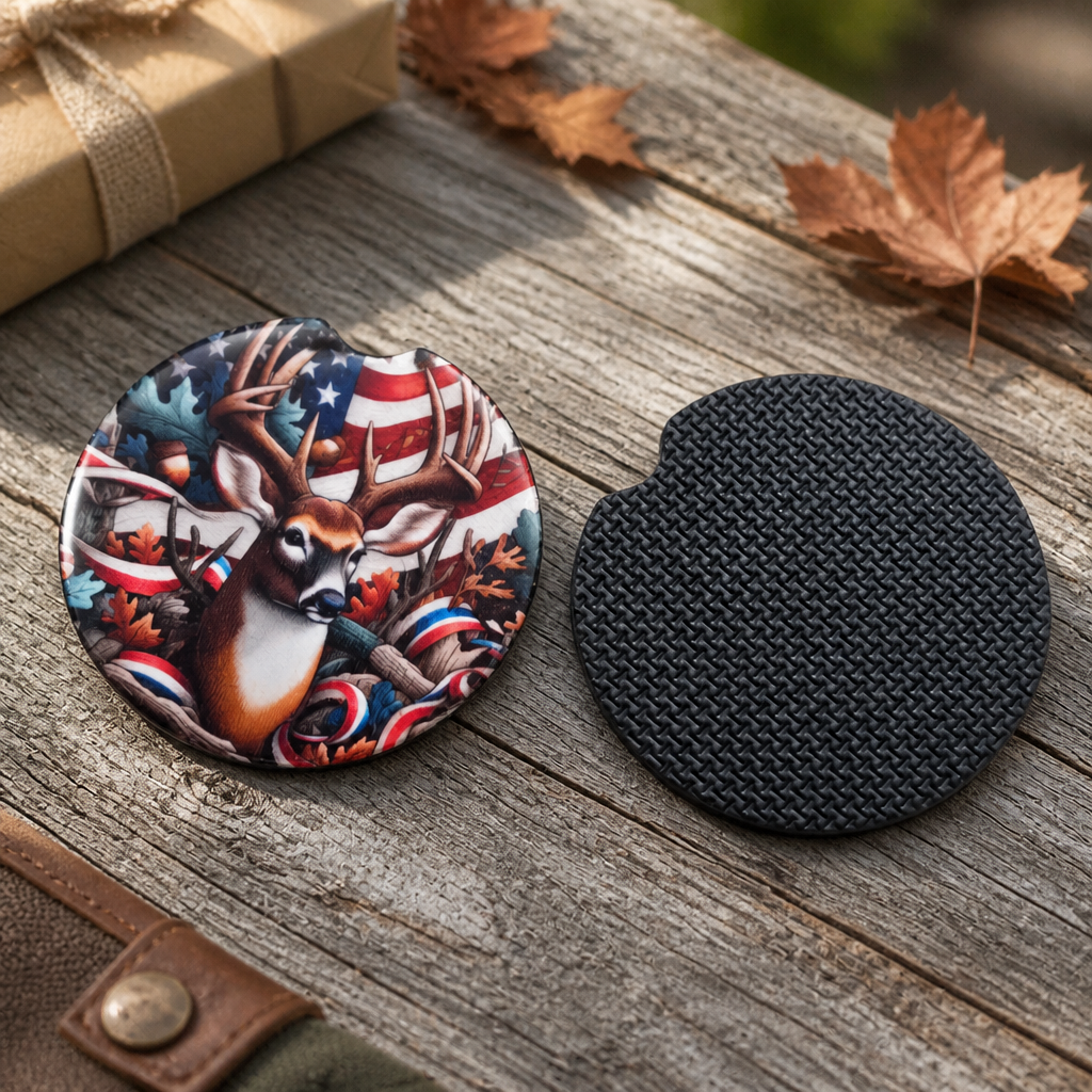 Patriotic Buck & Tropy Deer Car Coaster Set