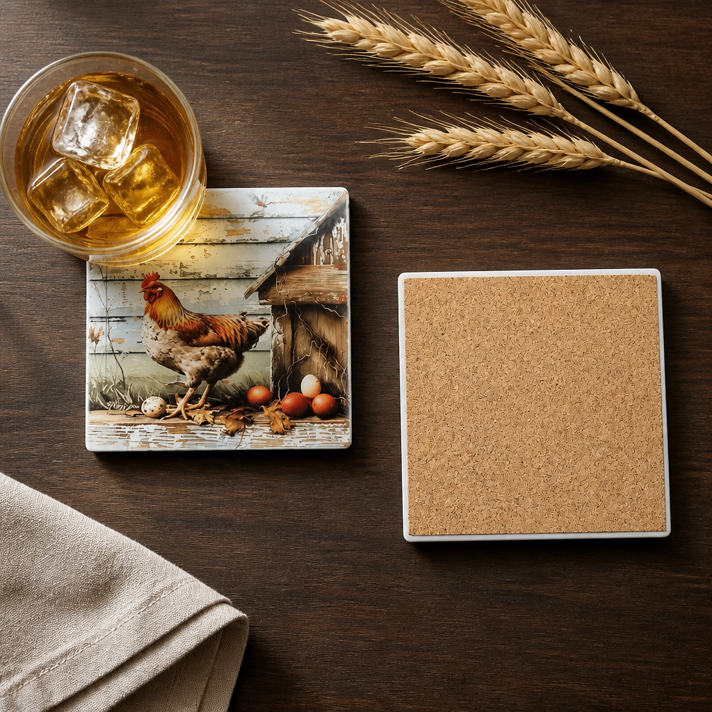 Rustic Farmhouse Chicken Ceramic Coaster Set