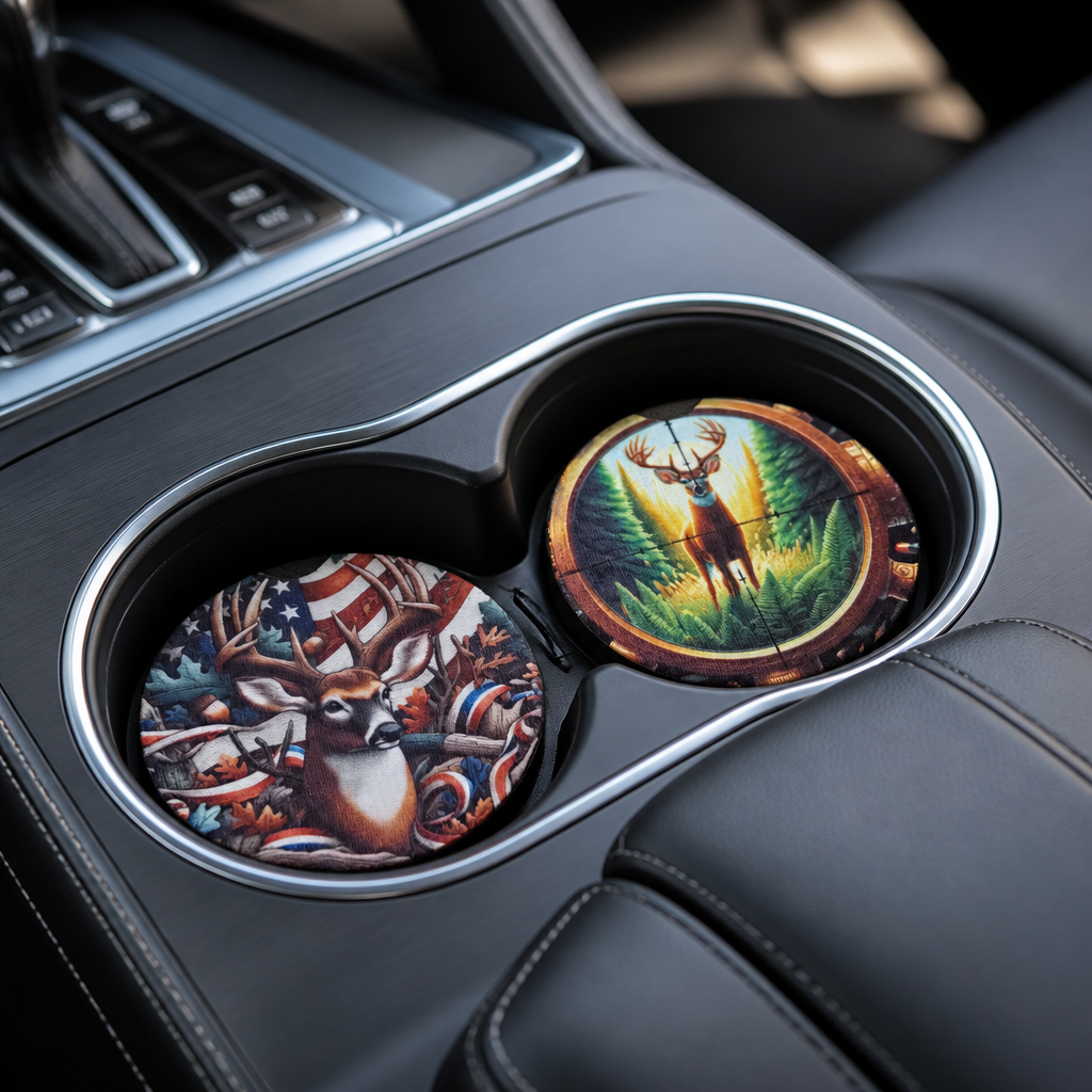 Patriotic Buck & Tropy Deer Car Coaster Set