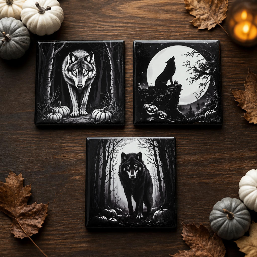 Midnight Wolf Halloween Ceramic Coaster Collection