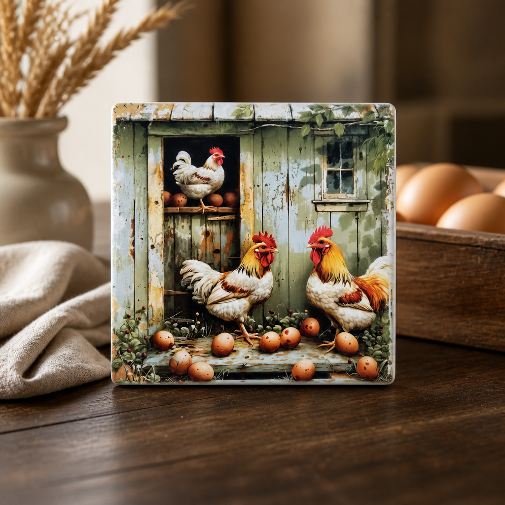 Rustic Farmhouse Chicken Ceramic Coaster Set