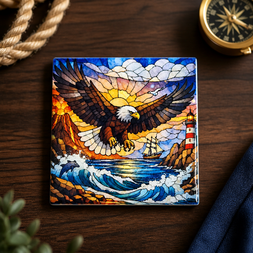 Majestic Eagle Stained Glass Ceramic Coaster Set