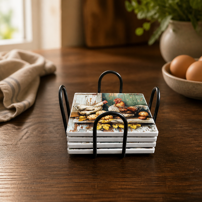 Rustic Farmhouse Chicken Ceramic Coaster Set