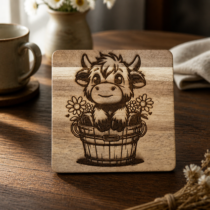 Highland Cow Acacia Wood Coaster Set