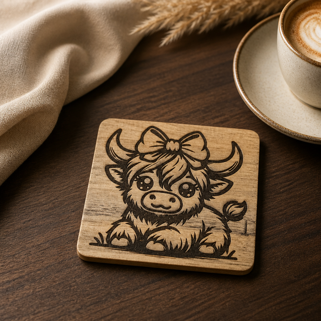 Highland Cow Acacia Wood Coaster Set